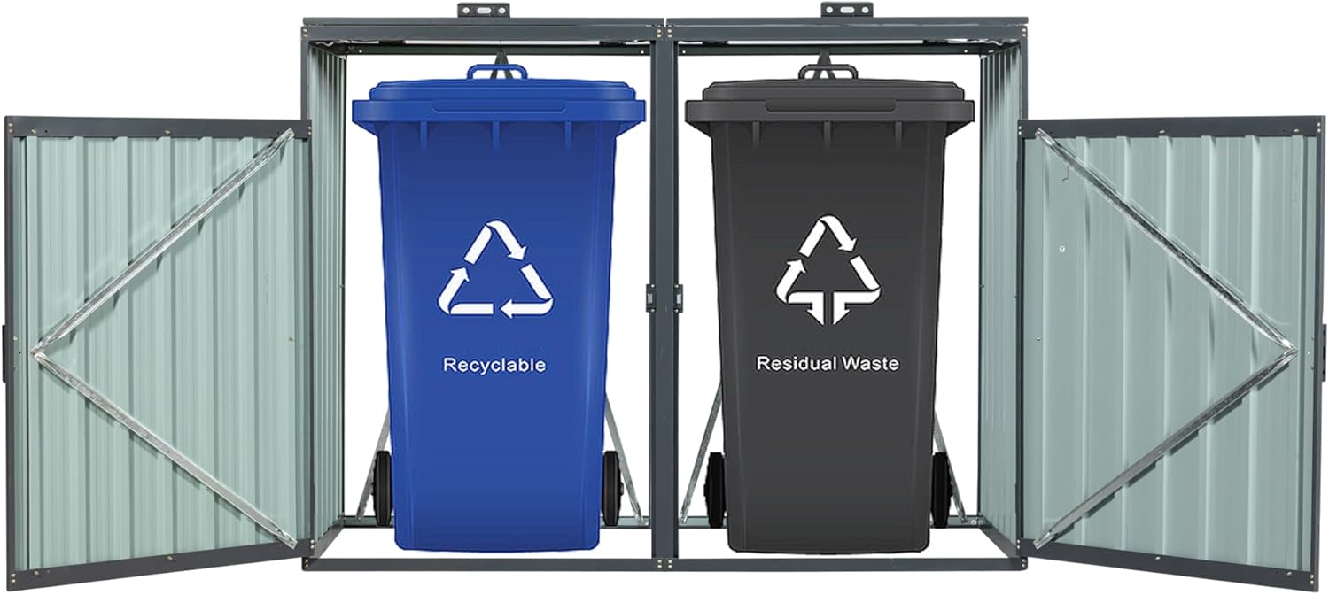 Outdoor Trash Can Storage, Garbage Bin Shed Stores 3 Trash Cans, Metal Outdoor Storage Shed for Garbage Cans, Garden Accessories, Backyard, and Patio Use, Lockable, Black