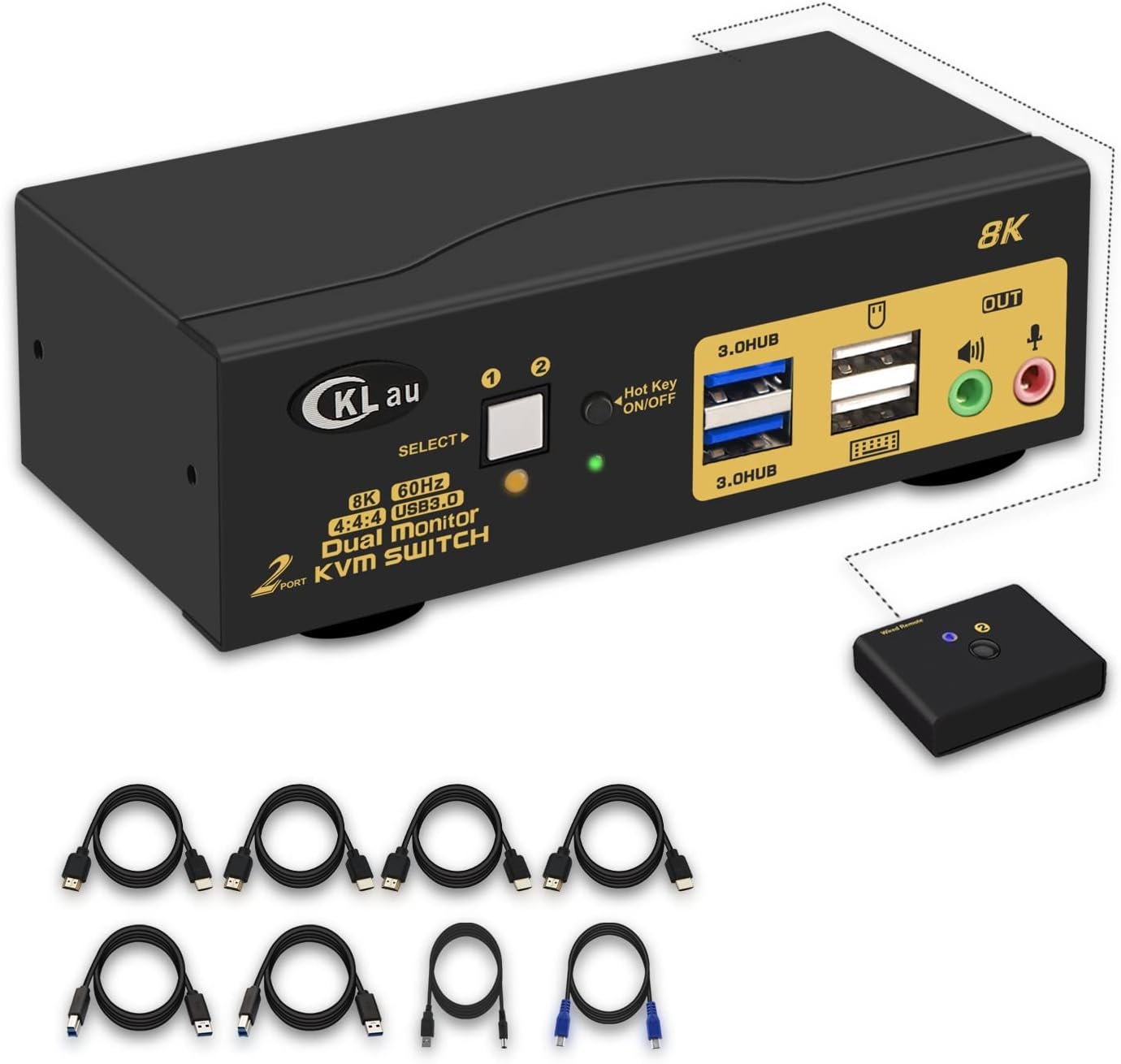 2 Port USB 3.0 Dual Monitor HDMI KVM Switch 8K@60Hz 4K@144Hz with Audio Output and Cables Support HDMI 2.1, HDCP, HDR