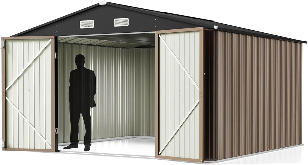 Greesum 10x10FT Outdoor Storage Shed, Utility Tool Shed Metal Storage Shed with Door & Lock for Patio Storage, Garden, Lawn, Brown