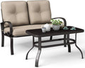 Giantex 2 Pcs Patio Loveseat with Coffee Table Outdoor Bench with Cushion and Metal Frame, Loveseat Furniture Set Sofa for Garden, Yard, Patio or Poolside