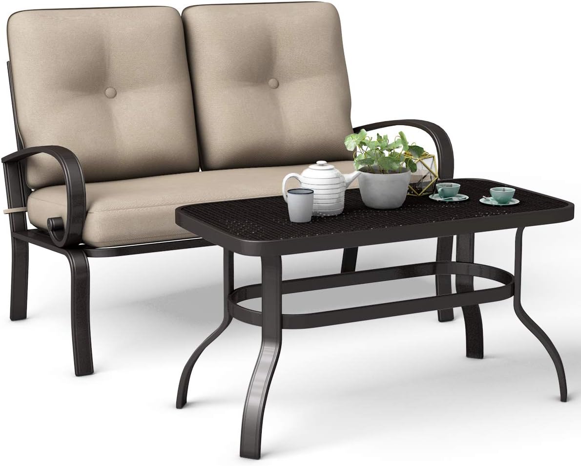 Giantex 2 Pcs Patio Loveseat with Coffee Table Outdoor Bench with Cushion and Metal Frame, Loveseat Furniture Set Sofa for Garden, Yard, Patio or Poolside