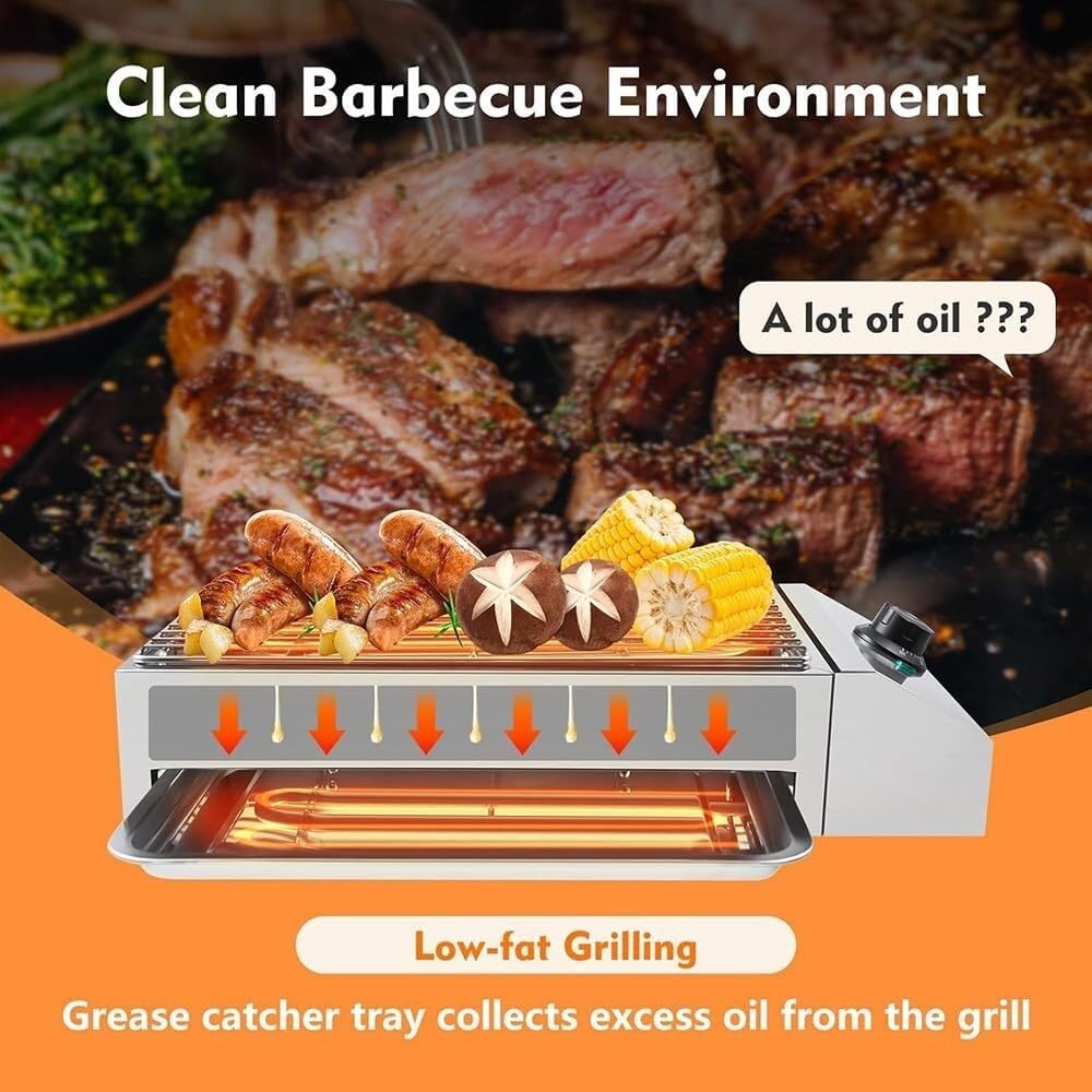 Indoor Grill, 2600W Electric, Smokeless, Even Heating, Portable, Grease Collection Tray,Single Plate, For Family Parties, Outdoor Grilling or Commercial Use