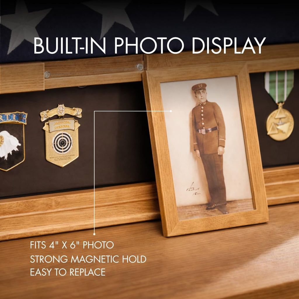 Bey-Berk Custom Personalized American Flag Display Case for 5' x 9.5' Burial Memorial Flag, Military Medal Shadow Box with Glass Front and 4'x 6' Picture Frame (Oak)
