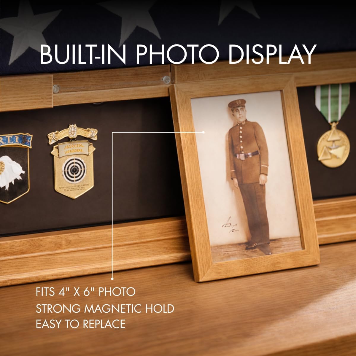 Bey-Berk Custom Personalized American Flag Display Case for 5' x 9.5' Burial Memorial Flag, Military Medal Shadow Box with Glass Front and 4'x 6' Picture Frame (Oak)