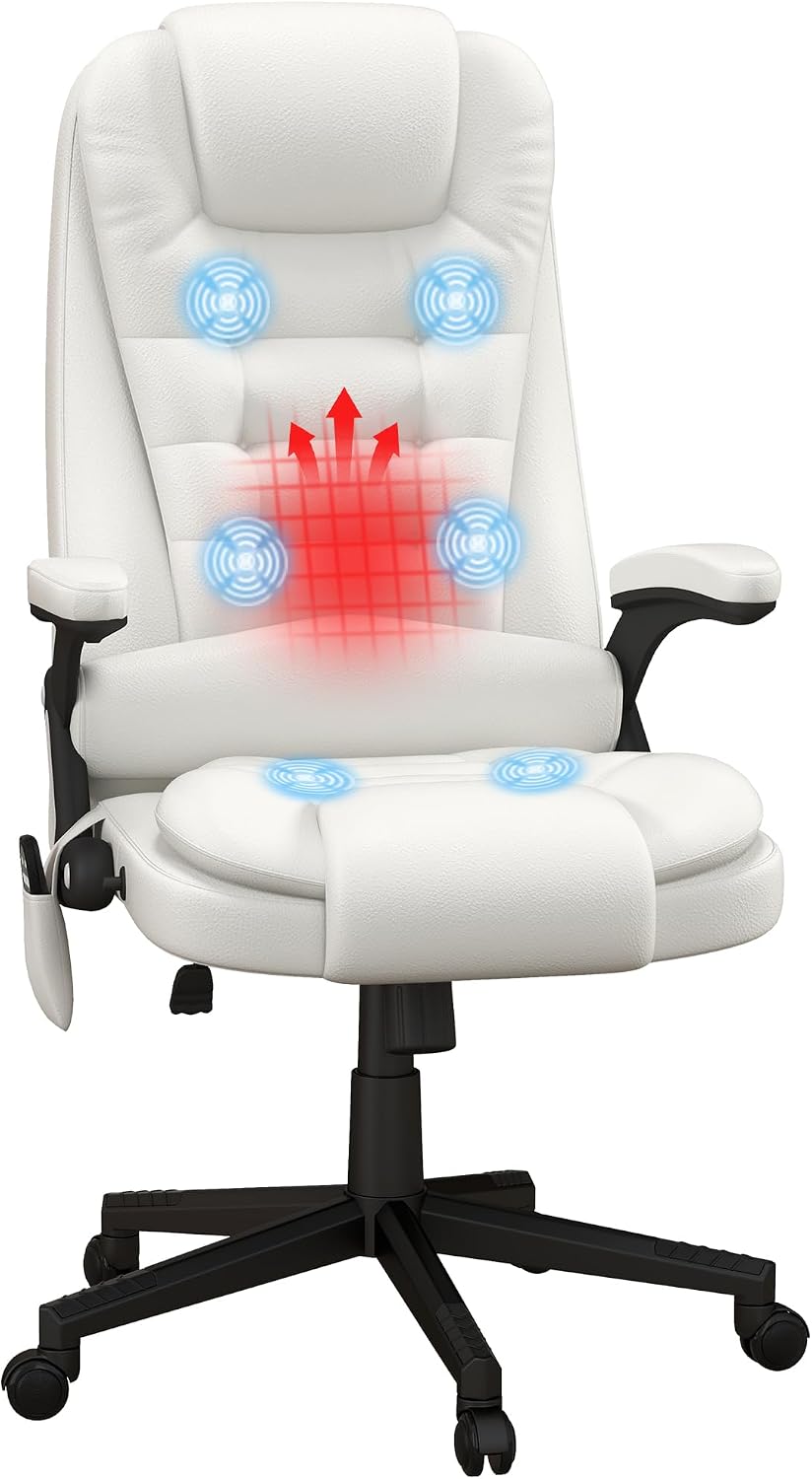 HOMCOM High Back Vibration Massage Office Chair with 6 Vibration Points, Heated Reclining PU Leather Computer Chair with Armrest and Remote, White
