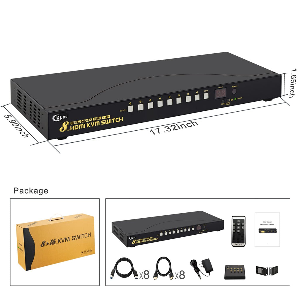8 Port USB 3.0 Rack Mount HDMI KVM Switch 4K60Hz with Audio, 2 pcs USB 3.0 Hub, and Cables Supports Keyboard Mouse Switching