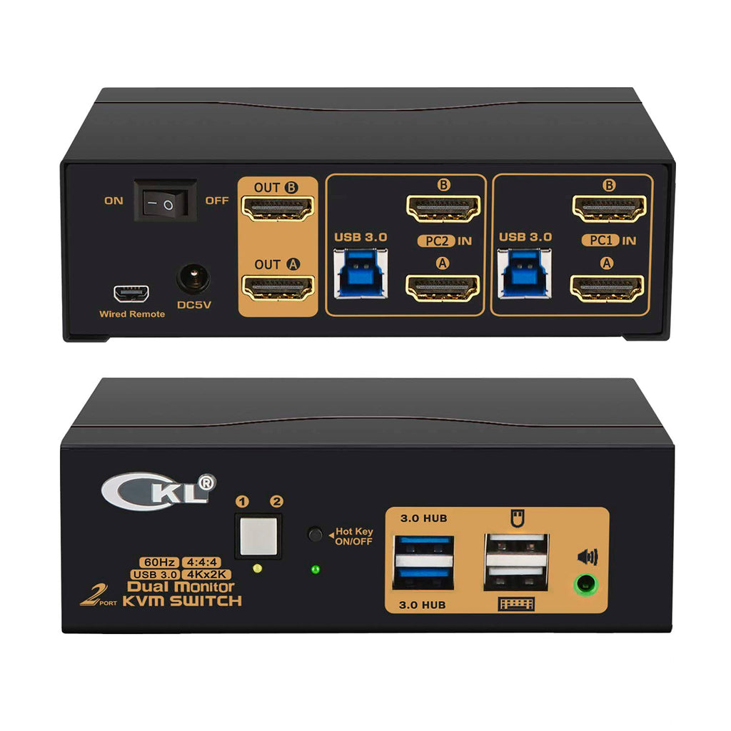 Dual Monitor KVM Switch HDMI 4K@60Hz for Home and Office to Console Desktops/Laptops, Support USB 3.0, Hot Key, Audio, Wireless Keyboard and Mouse (2 Monitors 2 Computers 922HUA-3)