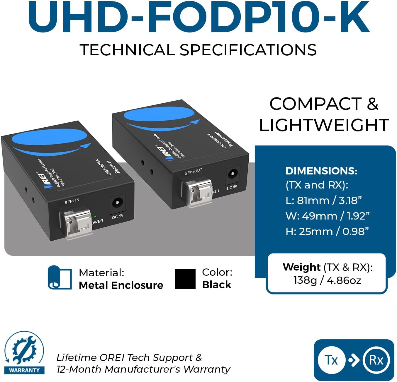 OREI 4K DisplayPort Extender Over Fiber Optic Balun - UltraHD 4K @ 60Hz 4:4:4 DR, HDR10+, SFP+ - Up to 10 KM in Single Mode - 300M in Multi-Mode