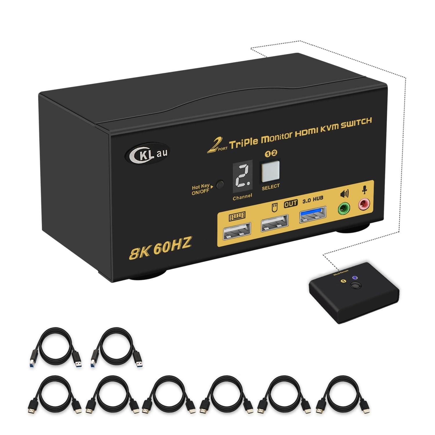 2 Port Triple Monitor KVM HDMI Switch 8K@60Hz, 4K@144Hz for 3 Monitors 2 Computers Share Keyboard and Mouse Support Emulation EDID, Hotkey Function, HDMI 2.1, HDR