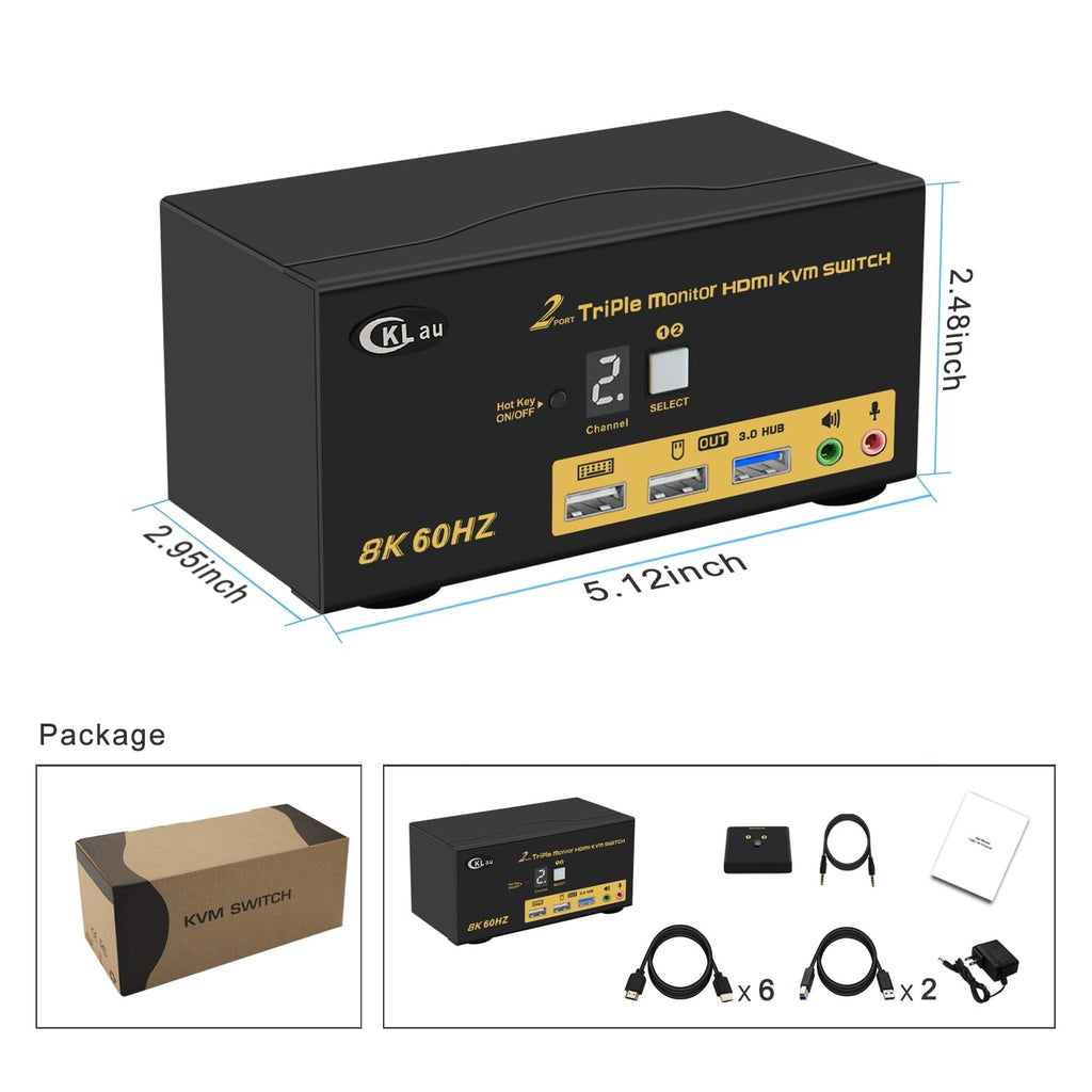 2 Port Triple Monitor KVM HDMI Switch 8K@60Hz, 4K@144Hz for 3 Monitors 2 Computers Share Keyboard and Mouse Support Emulation EDID, Hotkey Function, HDMI 2.1, HDR
