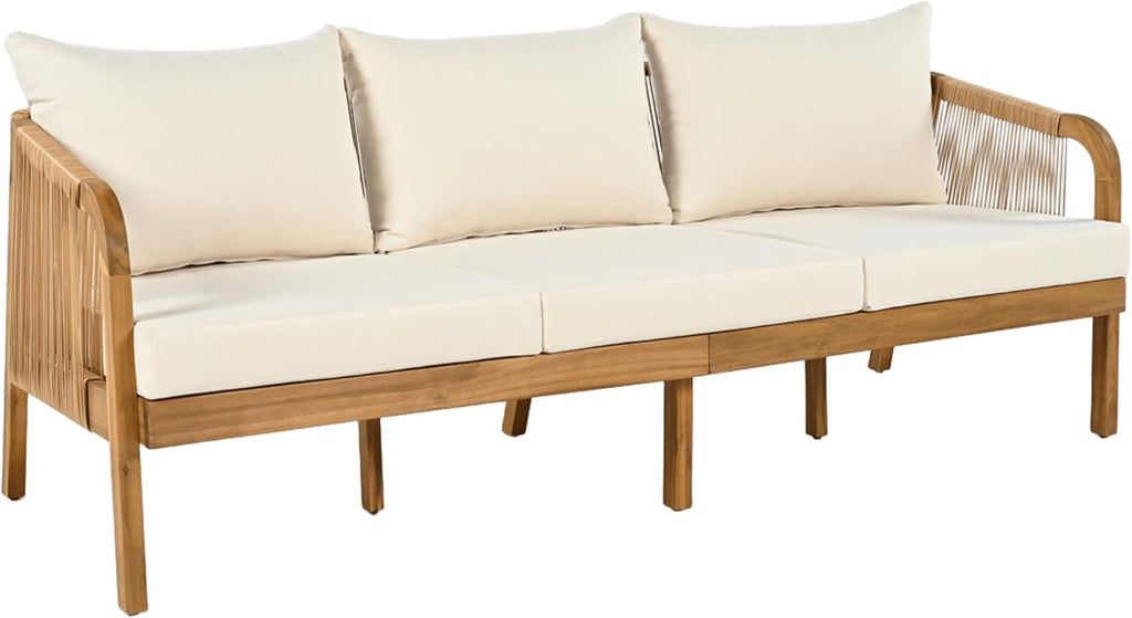 Christopher Knight Home Havets 3 Pieces Acacia Wood Patio Furniture Set, Faux Rattan Sofa and Coffee Table, Outdoor Conversation Sets with 6' Thick Cushions for Backyard Garden Balcony, Teak+Beige