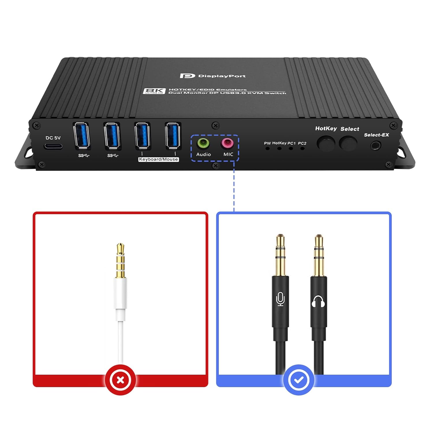 Kvm Switch Displayport EDID 2 Monitors 2 Computers 4K 144Hz Hotkey Switching Edid Displayport kvm Switches Dual Monitors dp 1.4 1440P 144Hz 165Hz 240hz Hotkey Switching