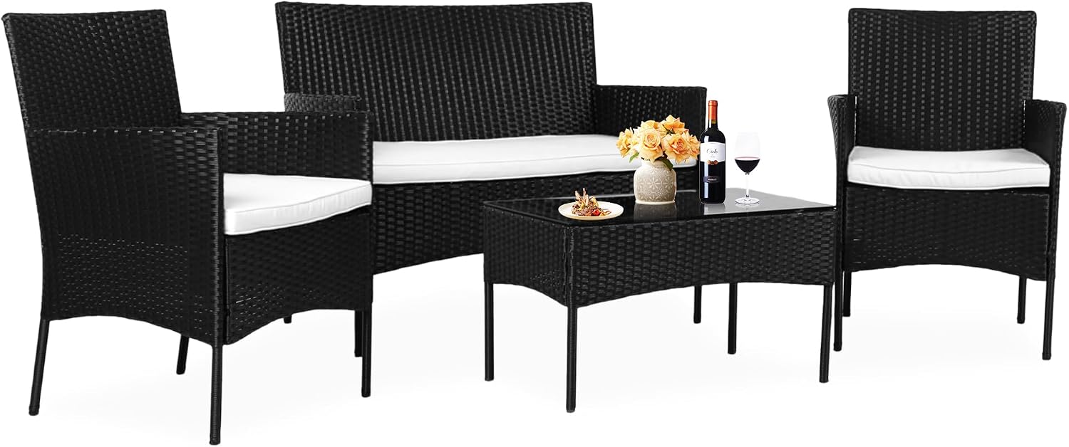 4 Pieces Patio Furniture Set,Rattan Chair Wicker Sofa Garden Conversation Sets,Outdoor Patio Set for Garden Lawn Pool or Backyard,Armrest Chair Loveseat with Tempered Glass Table（Black）