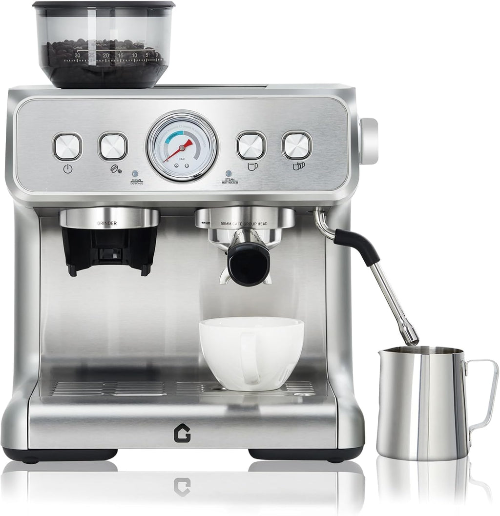20-Bar Espresso Machine with Grinder – Stainless Steel Coffee Maker – 2.8L Removable Tank, 30 Grind Settings, Adjustable Shot Volume, Milk Frother Steam Wand for Home or Office
