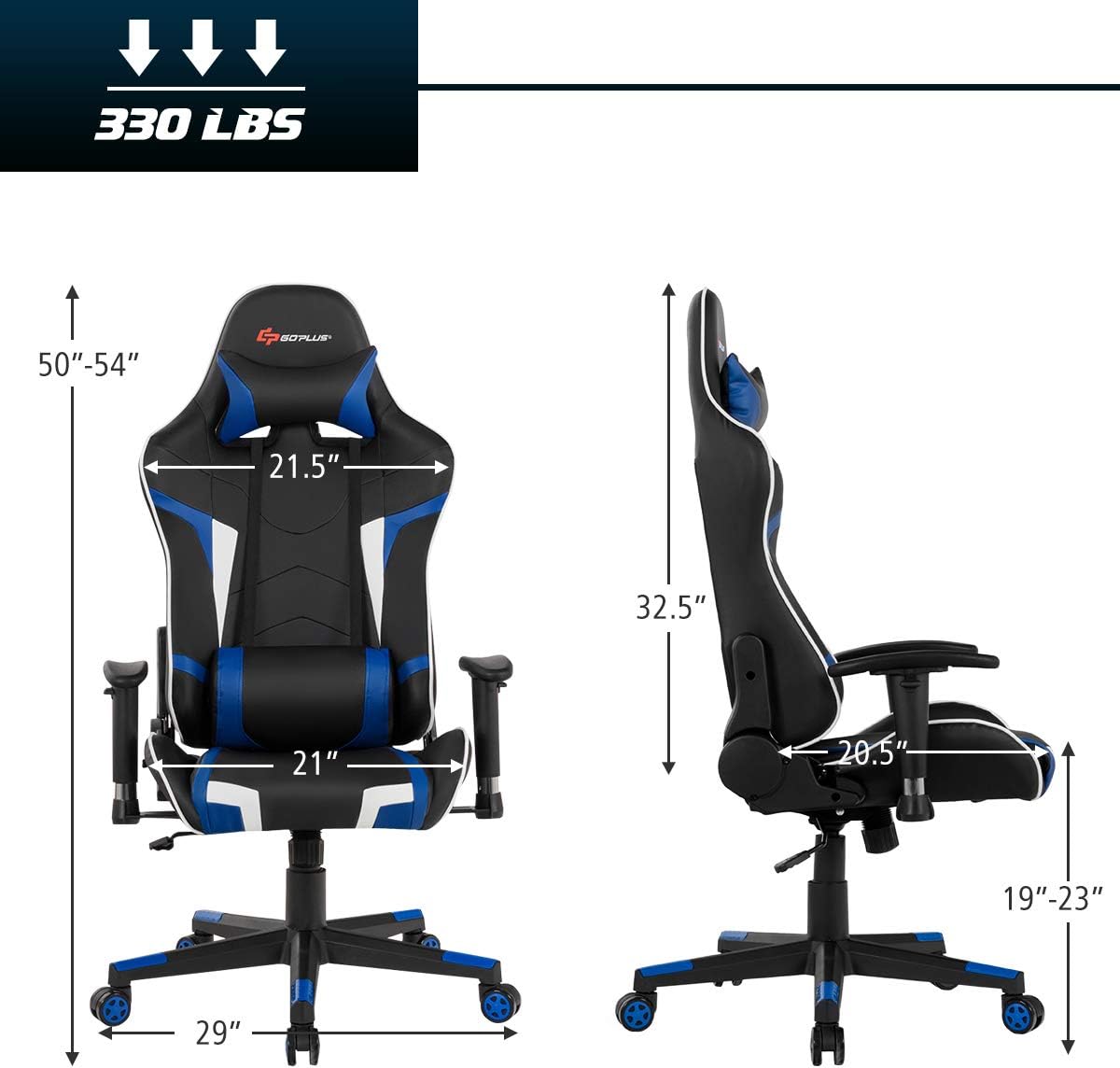 POWERSTONE Gaming Chair - Office Computer Gaming Racing Chair with Lumbar Massager Support PU Leather Adjustable Arms Headrest High-Back Recliner Ergonomic Rolling Swivel (Blue)