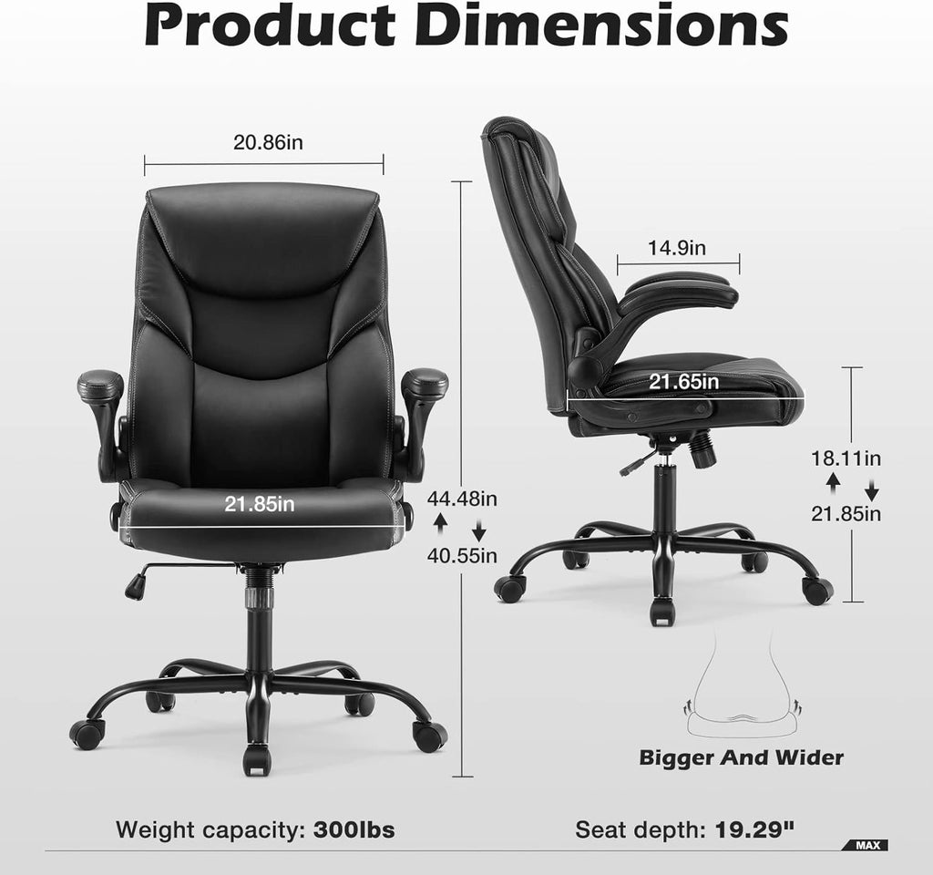 DUMOS Office Chair Set of 2 - Ergonomic Executive Computer Desk Chairs with Adjustable Flip-up Armrest, Swivel Task Chair with Lumbar Support, Strong Metal Base, PU Leather, Black
