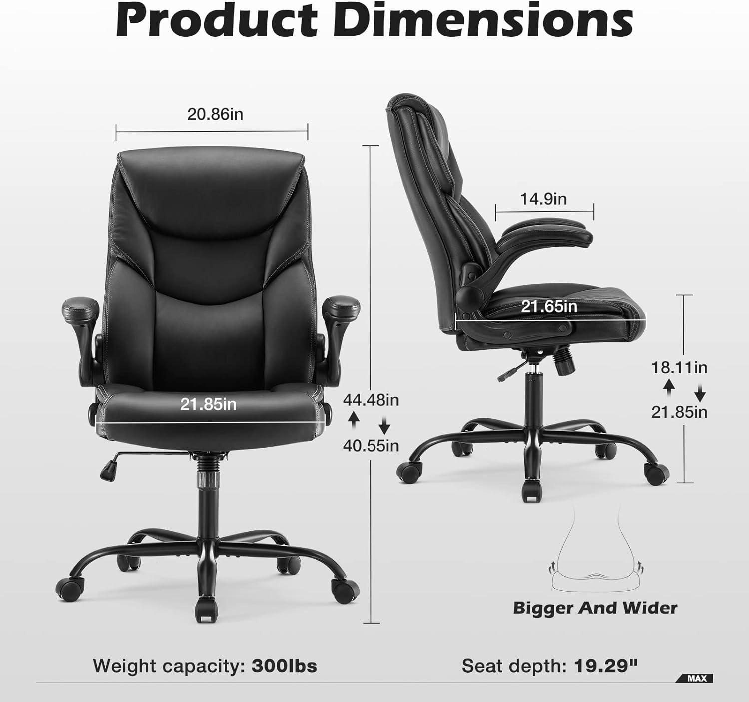 DUMOS Office Chair Set of 2 - Ergonomic Executive Computer Desk Chairs with Adjustable Flip-up Armrest, Swivel Task Chair with Lumbar Support, Strong Metal Base, PU Leather, Black