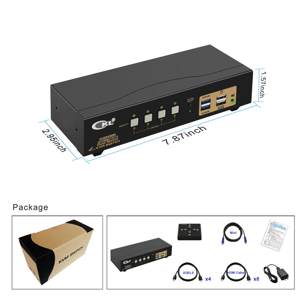 Dual Monitor KVM Switch HDMI 4K@60Hz for Home and Office to Console Desktops/Laptops, Support USB 3.0, Hot Key, Audio, Wireless Keyboard and Mouse (4 Computers 2 Monitors 942HUA-3)