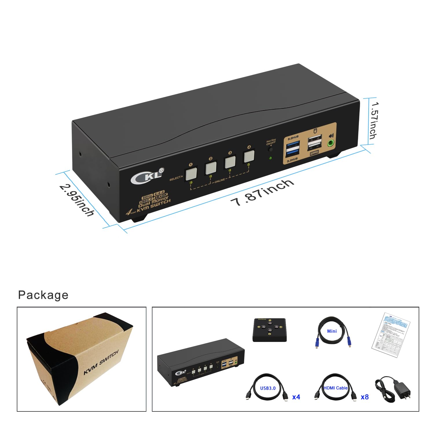 Dual Monitor KVM Switch HDMI 4K@60Hz for Home and Office to Console Desktops/Laptops, Support USB 3.0, Hot Key, Audio, Wireless Keyboard and Mouse (4 Computers 2 Monitors 942HUA-3)