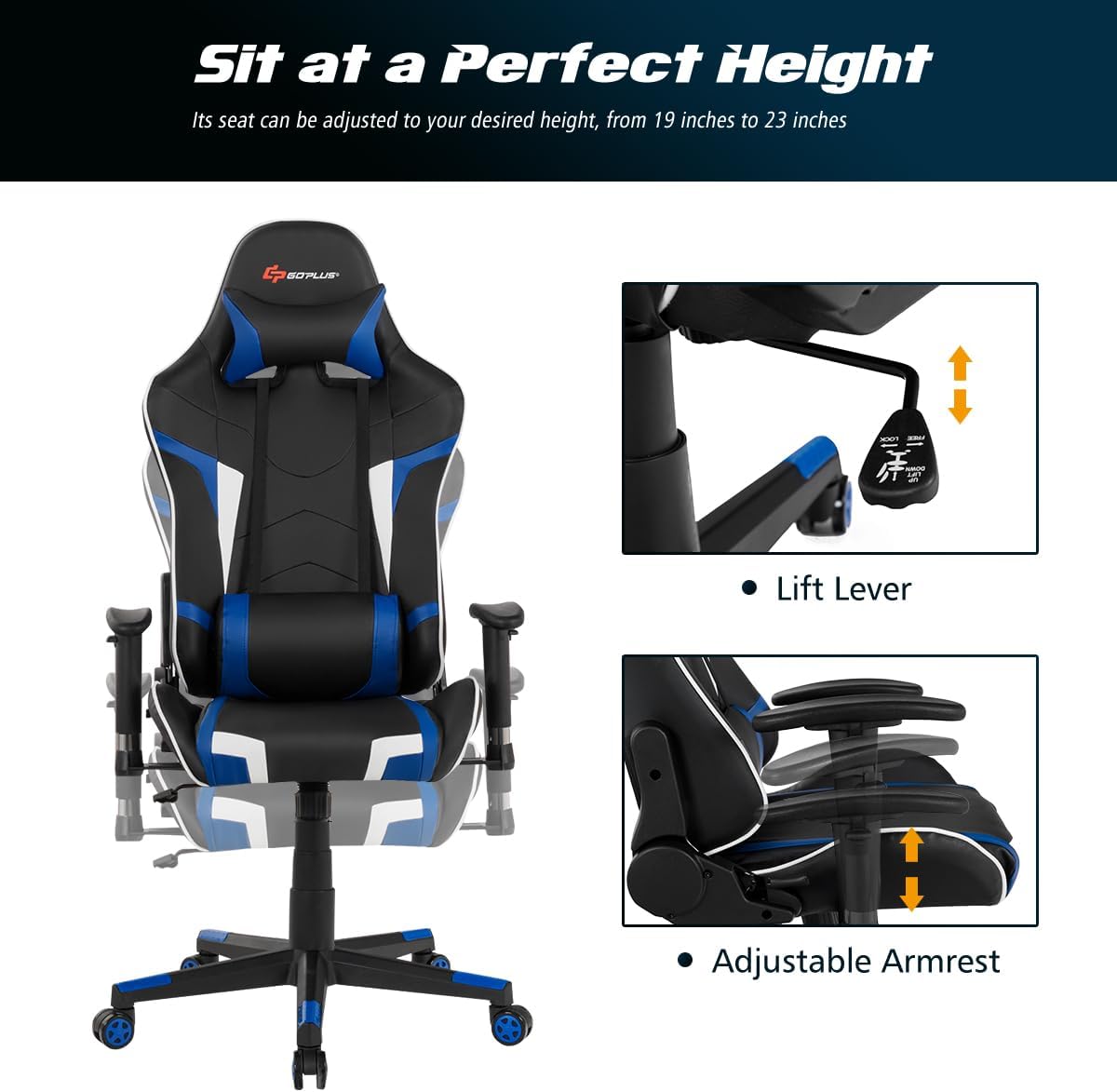 POWERSTONE Gaming Chair - Office Computer Gaming Racing Chair with Lumbar Massager Support PU Leather Adjustable Arms Headrest High-Back Recliner Ergonomic Rolling Swivel (Blue)