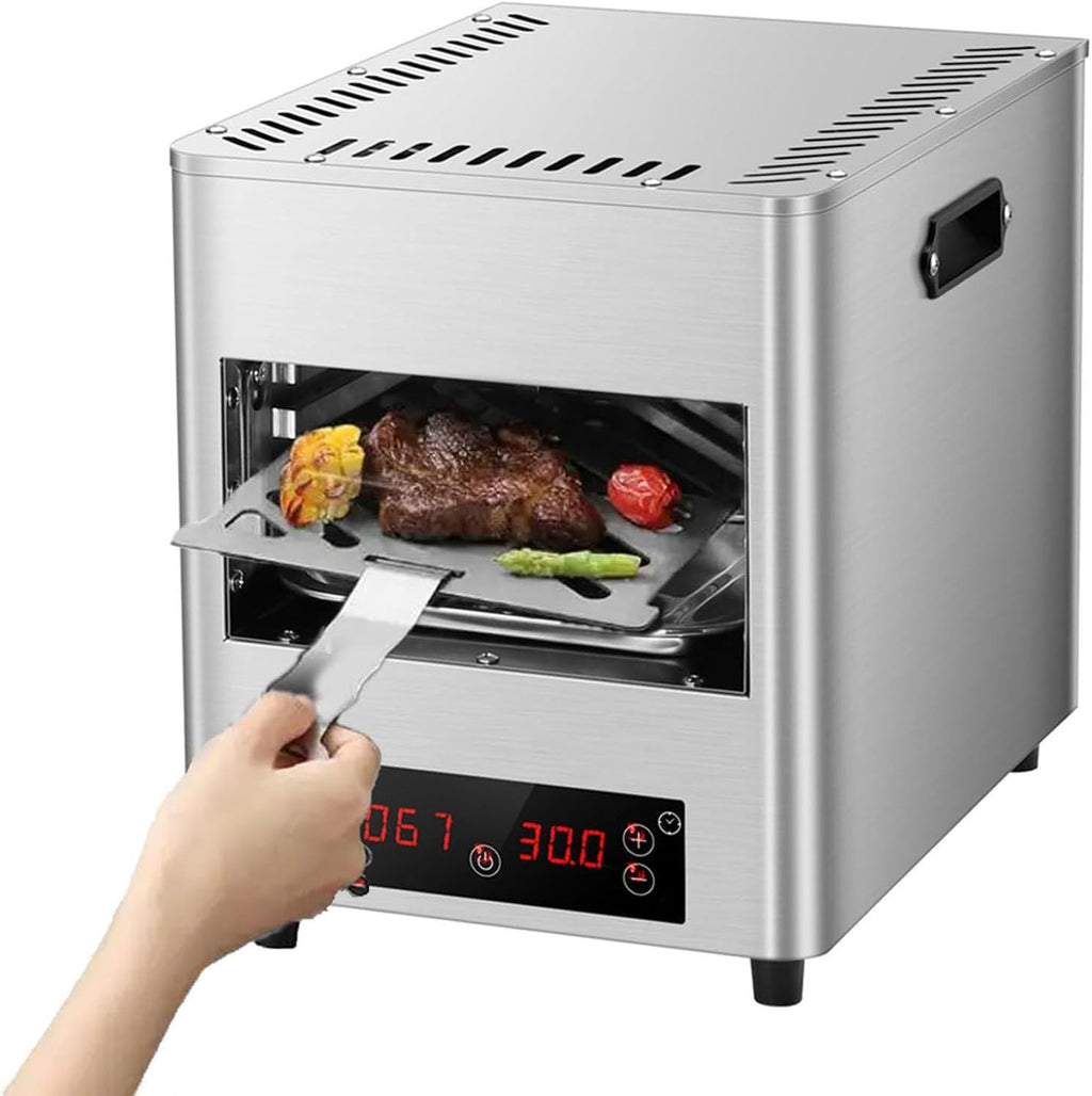 Electric Steak Grill for Indoor Use, 1700W Automatic Steak Smokeless Grill with Touch Panel - 100-800℃ Adjustable Temperature & 30Mins Timer, Countertop Oven for Beef Chicken Vegetables,A
