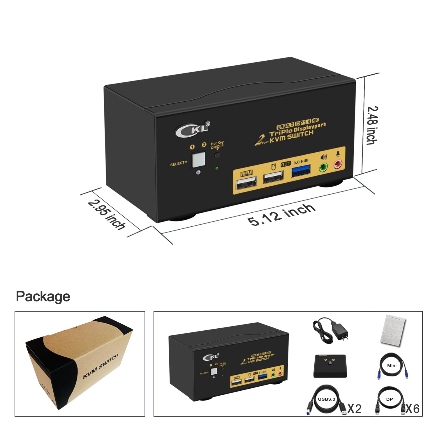 CKL KVM Switch DisplayPort 1.4 8K@30Hz 5K@60Hz 4K@144Hz(2 Computers 3 Monitors)