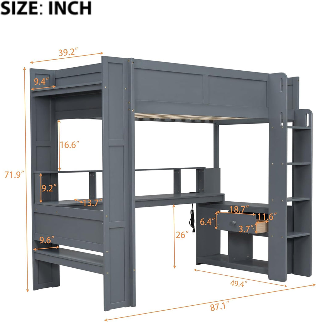 Merax Loft Bed Twin Size with Gaming Desk, Mulfunctional Wood Loft Bed with Storage Shelves, Drawer and Charging Station, for Teens Adults (Dark Grey)