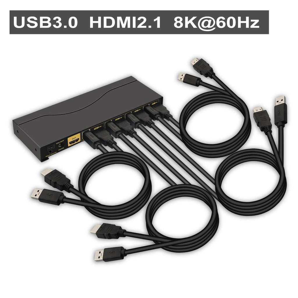 4 Port KVM HDMI Switch with Audio, USB 3.0 Hub, Black, Push Button Actuator, Manual Operation