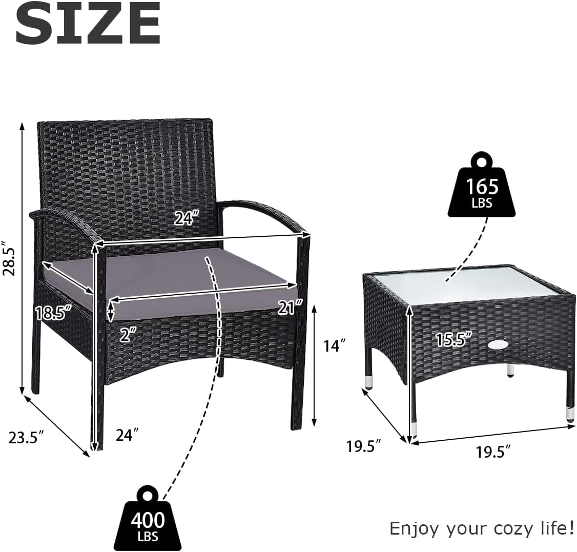 HAPPYGRILL 3 Pieces Rattan Patio Bistro Set, Outdoor Conversation Set, Patio Furniture Set with Glass Coffee Table & Soft Cushions for Balcony Garden Poolside
