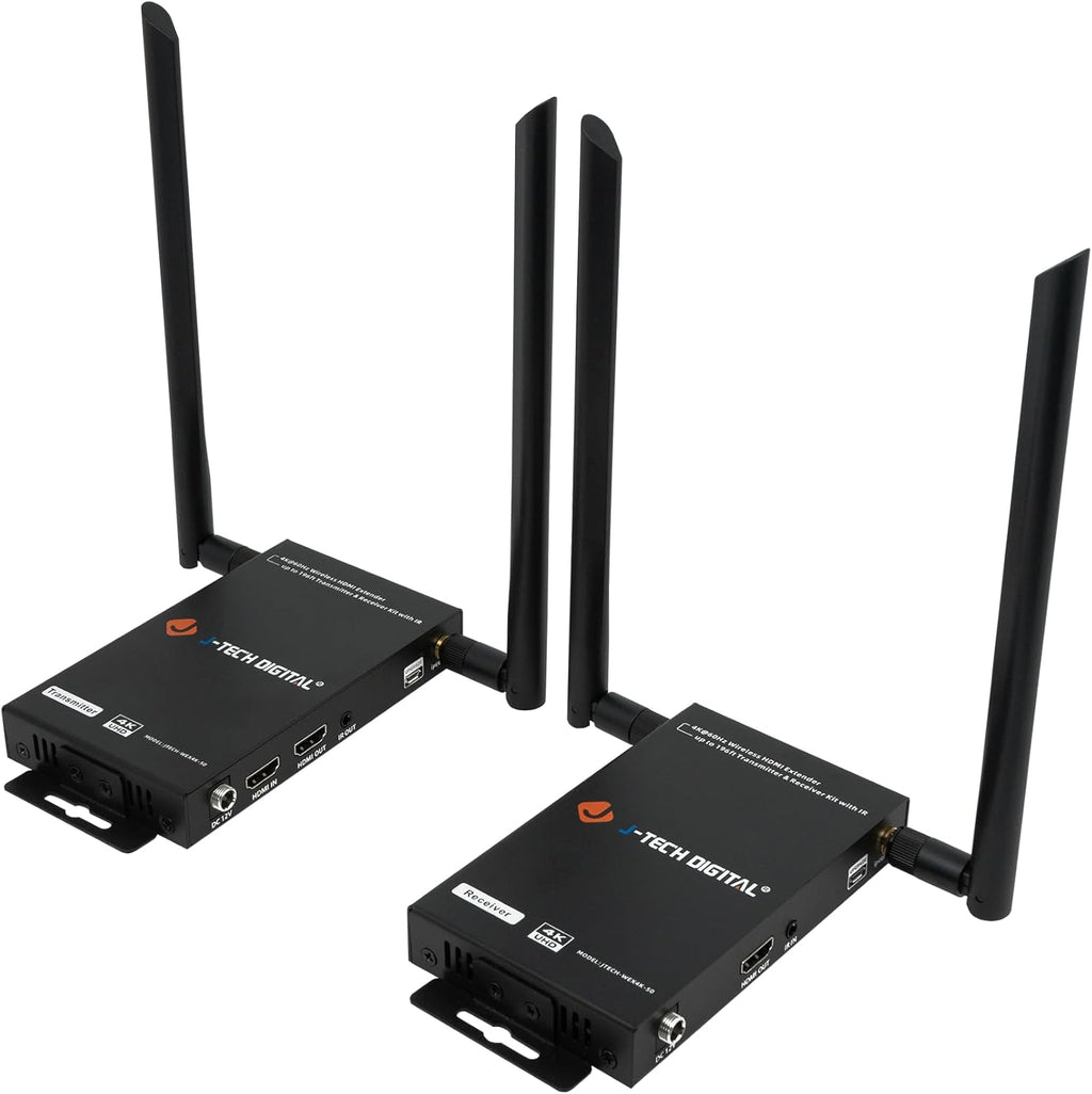 J-Tech Digital Wireless HDMI Transmitter and Receiver 4K 60Hz Up to 196ft., 5.1/5.2 GHz Low Latency HDMI Loop Output SSID Pairing Channel Change IR Passthrough [JTECH-WEX4K-50]