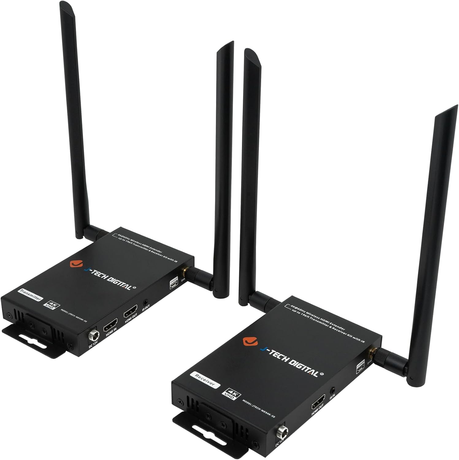 J-Tech Digital Wireless HDMI Transmitter and Receiver 4K 60Hz Up to 196ft., 5.1/5.2 GHz Low Latency HDMI Loop Output SSID Pairing Channel Change IR Passthrough [JTECH-WEX4K-50]