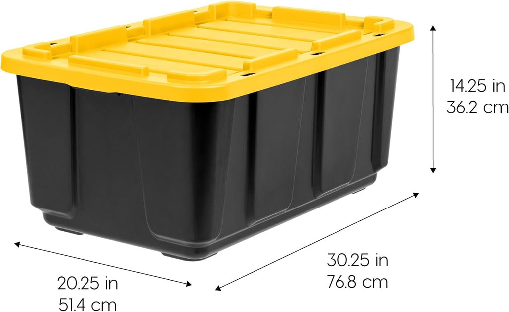 IRIS USA 8-Pack 27 Gallon Storage Bins with Lids |Made in USA| Heavy Duty Plastic Tote Containers for Truckbed Tool Box Organization, Large - Black/Yellow