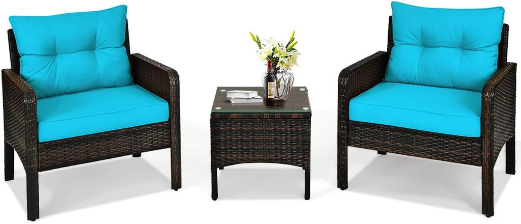 COSTWAY 3PCS Patio Furniture Set, Outdoor Wicker Cushioned Sofa Set with Coffee Table, All Weather Rattan Conversation Set for Garden Balcony Backyard Poolside Lawn, Turquoise