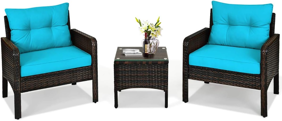 COSTWAY 3PCS Patio Furniture Set, Outdoor Wicker Cushioned Sofa Set with Coffee Table, All Weather Rattan Conversation Set for Garden Balcony Backyard Poolside Lawn, Turquoise