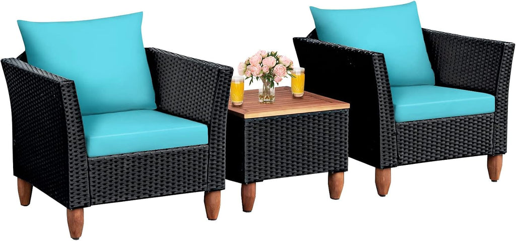 COSTWAY 3 Pieces Patio Rattan Furniture Set, Outdoor Wicker Conversation Chairs Set with Acacia Wood Coffee Table & Washable Cushion, Porch Furniture Bistro Set for Balcony, Garden Backyard, Turquoise