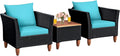 COSTWAY 3 Pieces Patio Rattan Furniture Set, Outdoor Wicker Conversation Chairs Set with Acacia Wood Coffee Table & Washable Cushion, Porch Furniture Bistro Set for Balcony, Garden Backyard, Turquoise