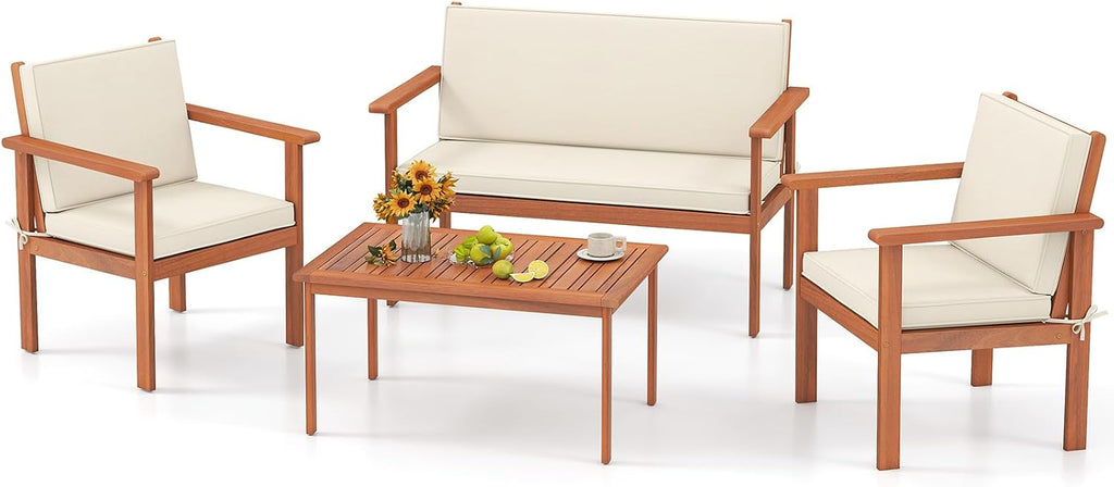 Tangkula 4 Pieces Acacia Wood Patio Conversation Set, Outdoor Wooden Cushioned Chairs & Slatted Coffee Table Set,for Backyard, Porch, Balcony, Poolside and Lawn (Off White,1)