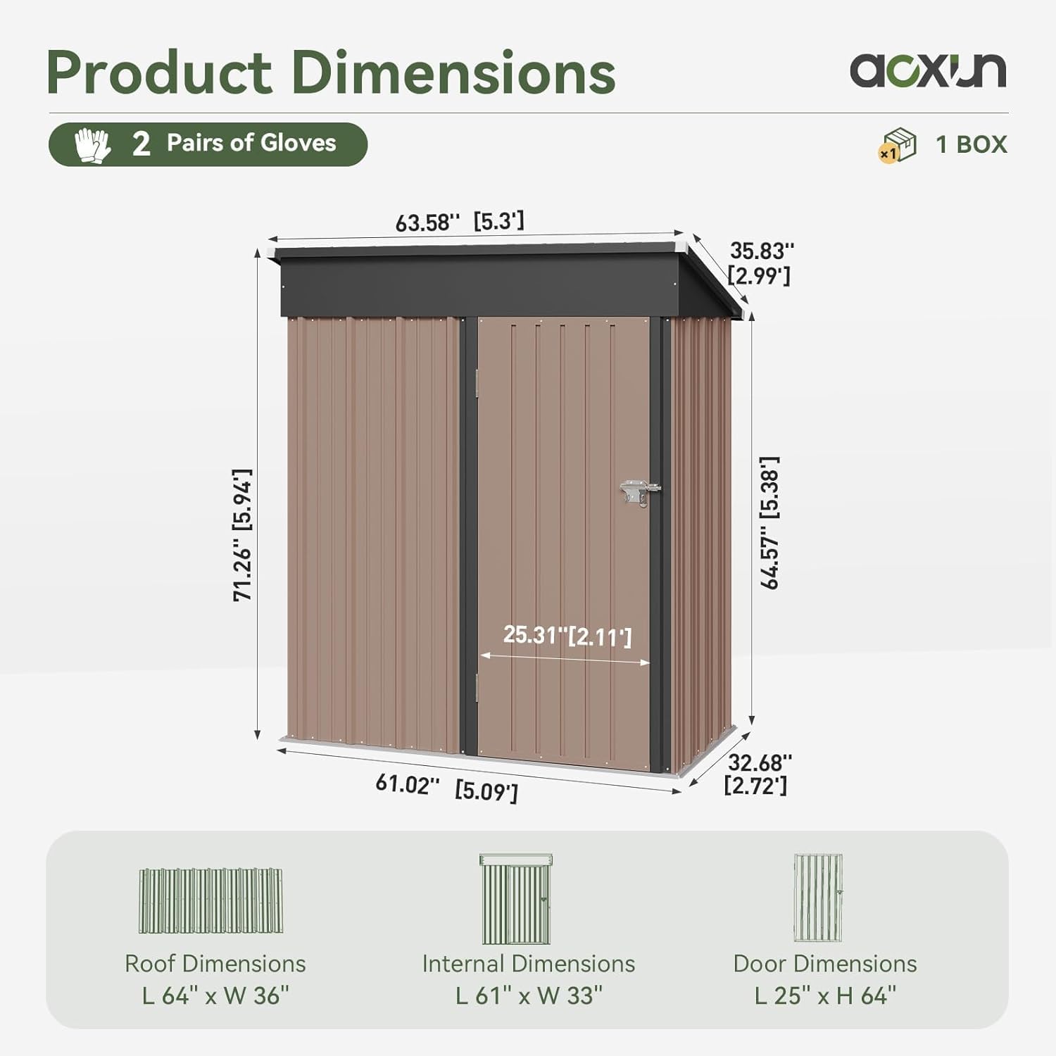 Aoxun 5' x 2.9' Shed Outdoor Storage Shed with Lockable Doors & Slooping Roof Metal Garden Tool Shed for Backyard, Patio, Poolside (Brown)