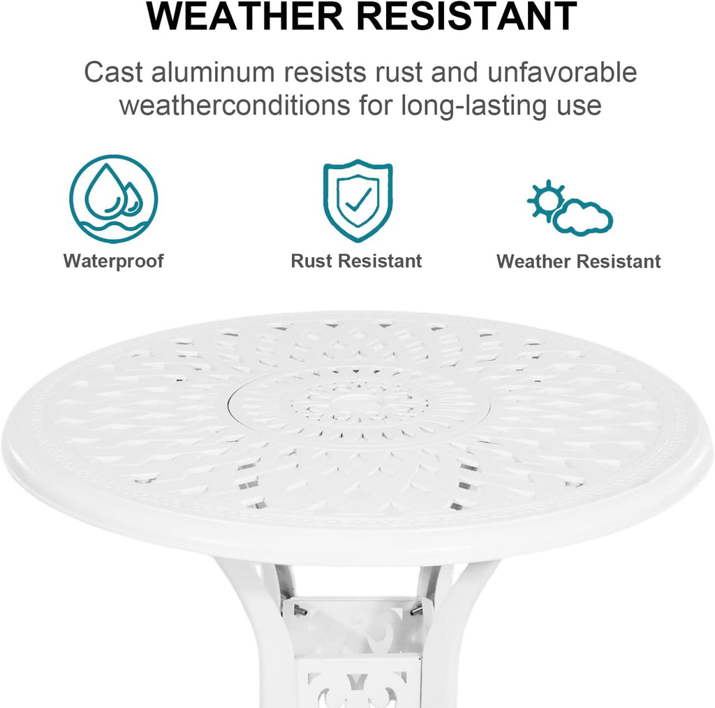 3 Piece Outdoor Dining Set,Cast Aluminum Bistro Set with Umbrella Hole, All Weather Patio Furniture Set, Small Patio Dining Set for Garden/Balcony/Deck, White