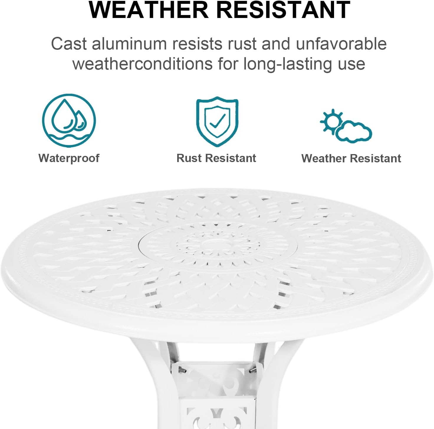 3 Piece Outdoor Dining Set,Cast Aluminum Bistro Set with Umbrella Hole, All Weather Patio Furniture Set, Small Patio Dining Set for Garden/Balcony/Deck, White