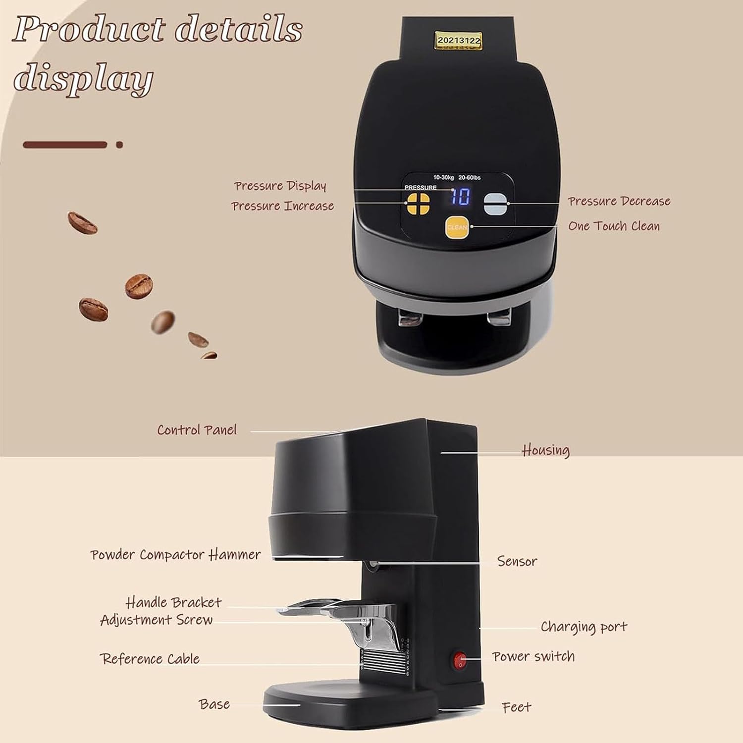 58mm Coffee Tamper - Automatic Bean Powder Press Machine for Expresso - 10-30 KG Adjustable Pressure - Coffee Tool - Easy Clean - for Home Use(ScrewThread)