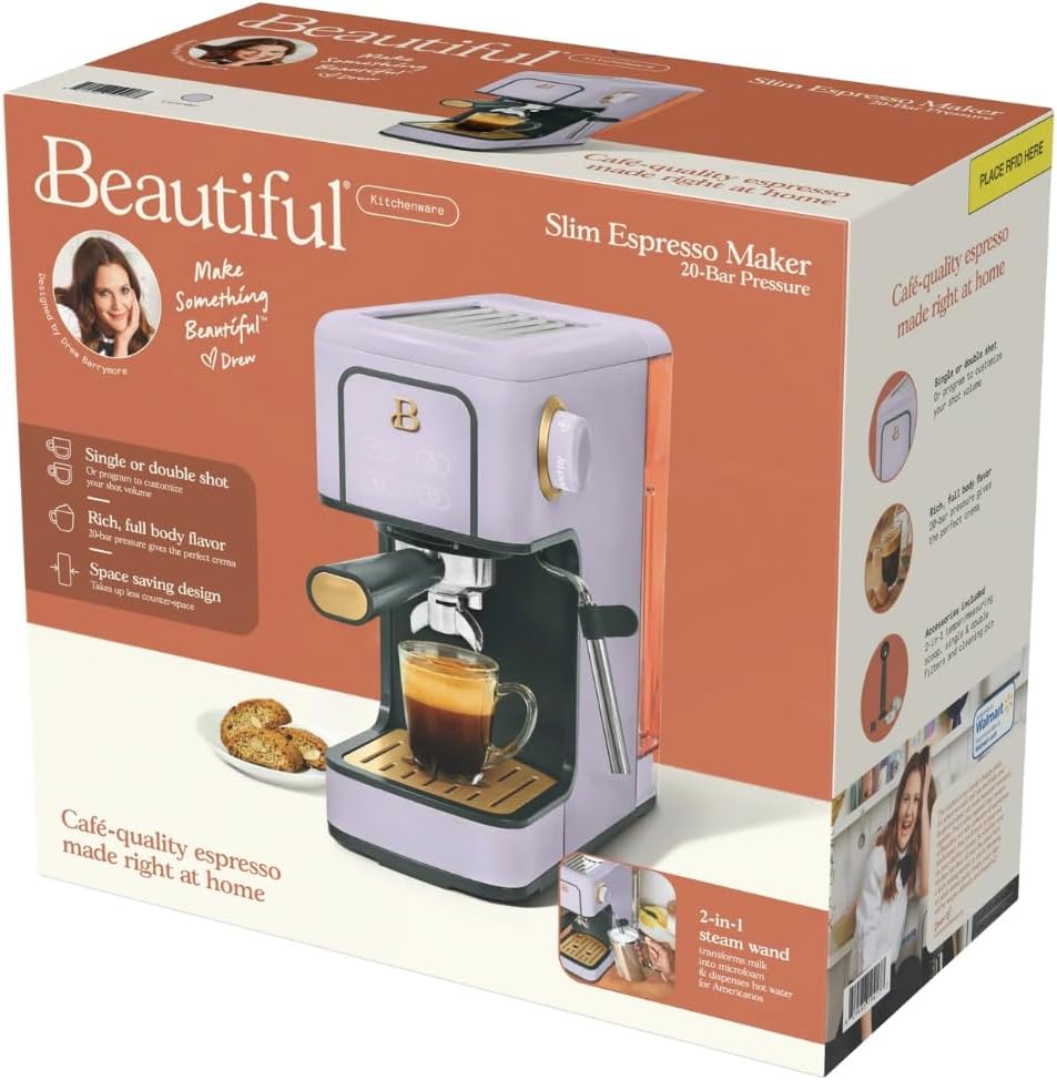 Slim Espresso Maker – 20‑Bar Pressure, Dual‑Spout 52 mm Portafilter, 50 oz Removable Tank, 2‑in‑1 Steam Wand & Touch Controls (Lavender)