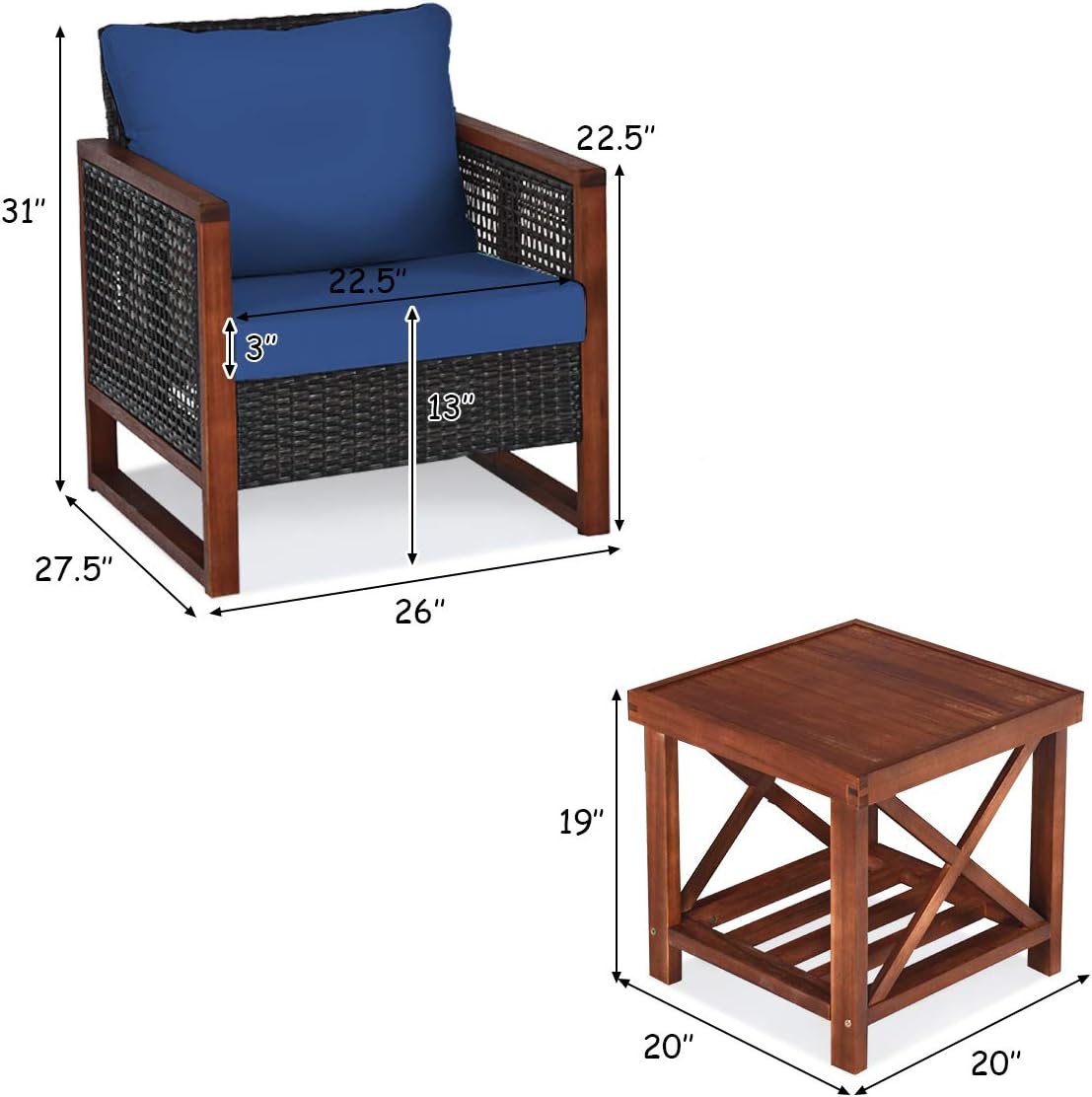 HAPPYGRILL 3 Pieces Outdoor Patio Furniture Set Wicker Chairs with Coffee Table, Balcony Porch Furniture Bistro Set with Acacia Wood Frame and Washable Cushions for Garden Poolside Backyard