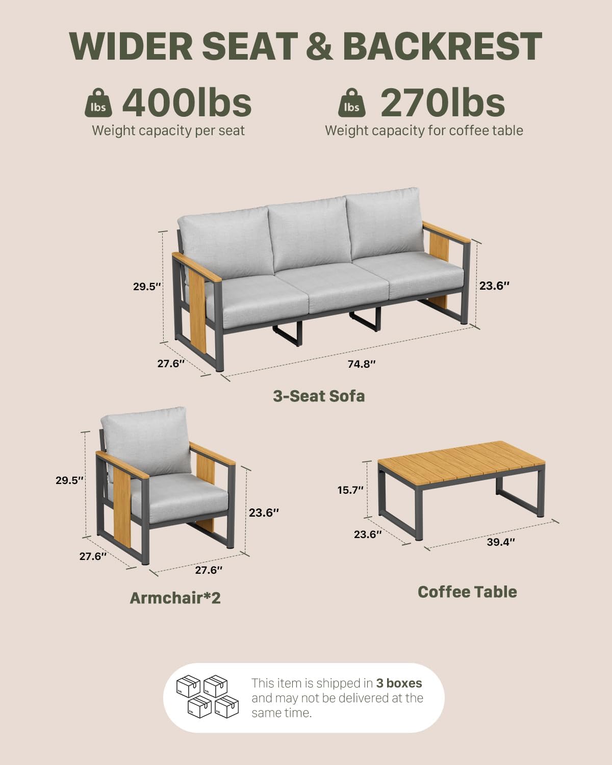 ZANDOR Aluminum Outdoor Patio Furniture Set,4-Piece Sectional Sofa with Coffee Table,Washable Thick Cushions,Modern Patio Conversation Set for Backyard,Garden,Porch,Balcony,Deck,Gray