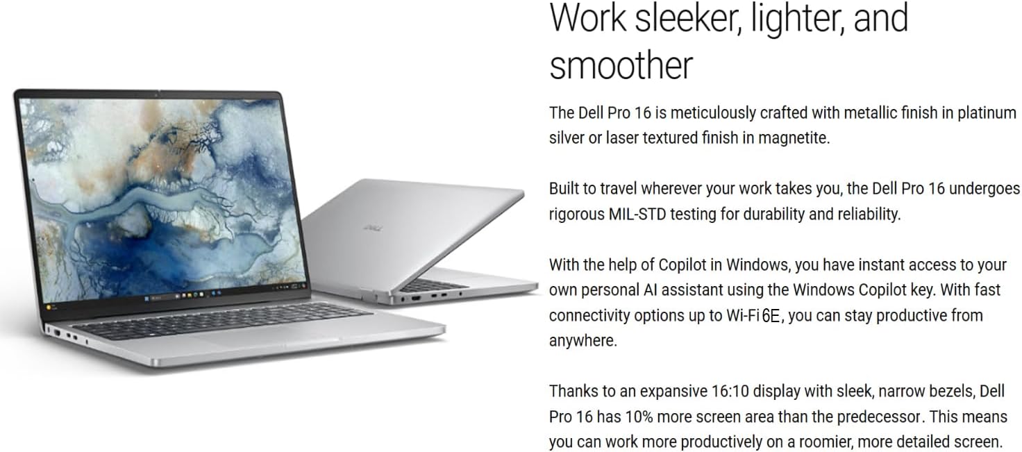 Dell Pro 16 Premium Business Laptop, 16' WUXGA 1920 x 1200p IPS Display, Intel Ultra 5 225U (12 cores,up to 4.8 GHz), 16GB DDR5 RAM, 1TB SSD, Backlit Keyboard,Fingerprint, Win 11 Pro, WiFi 6E BT5.3