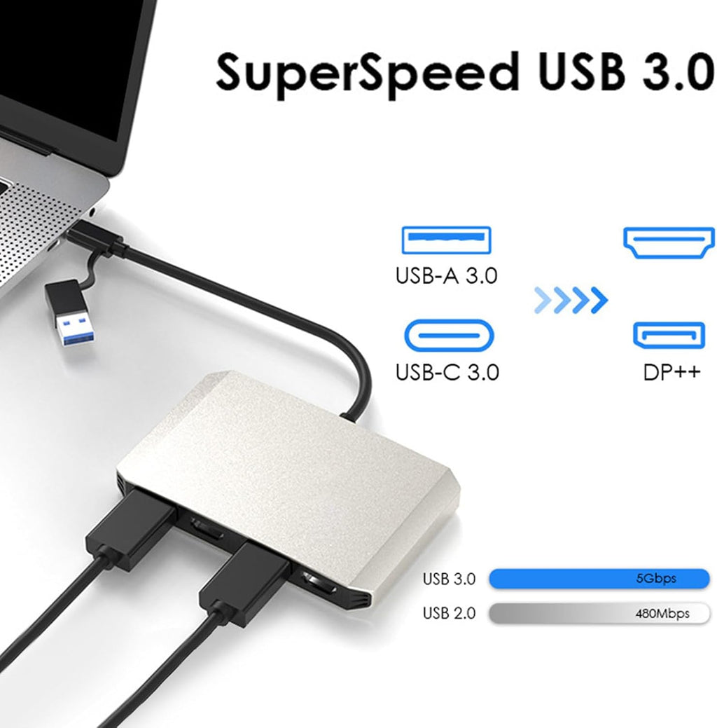 ASHATA USB C and USB 3.0 to Dual 4K DisplayPort HDMI Adapter, Monitor Splitter Extended Display for Dual Monitor 4K@60Hz DisplayPort Splitter, Aluminum Alloy