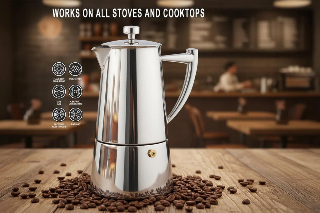 Cuisinox Roma Stovetop Espresso Maker COF-4R, Stainless Steel Coffee Percolator Stovetop, Heat-Resistant & Non-Reactive, 4-Cup Italian Espresso Maker Easy to Clean, Durable Stove Top Percolator