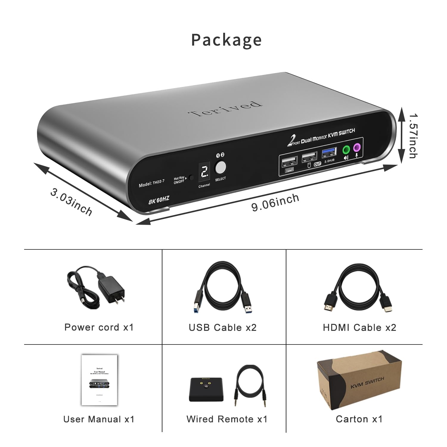 2 Computers 2 HDMI Monitor Automatic KVM Switch 8K@60Hz, Hotkey Switching, EDID, Support 5.1/7.1 Audio and Microphone, Aluminum Shell with Digital Display, USB 3.0 Hub, HDR10 with Cables