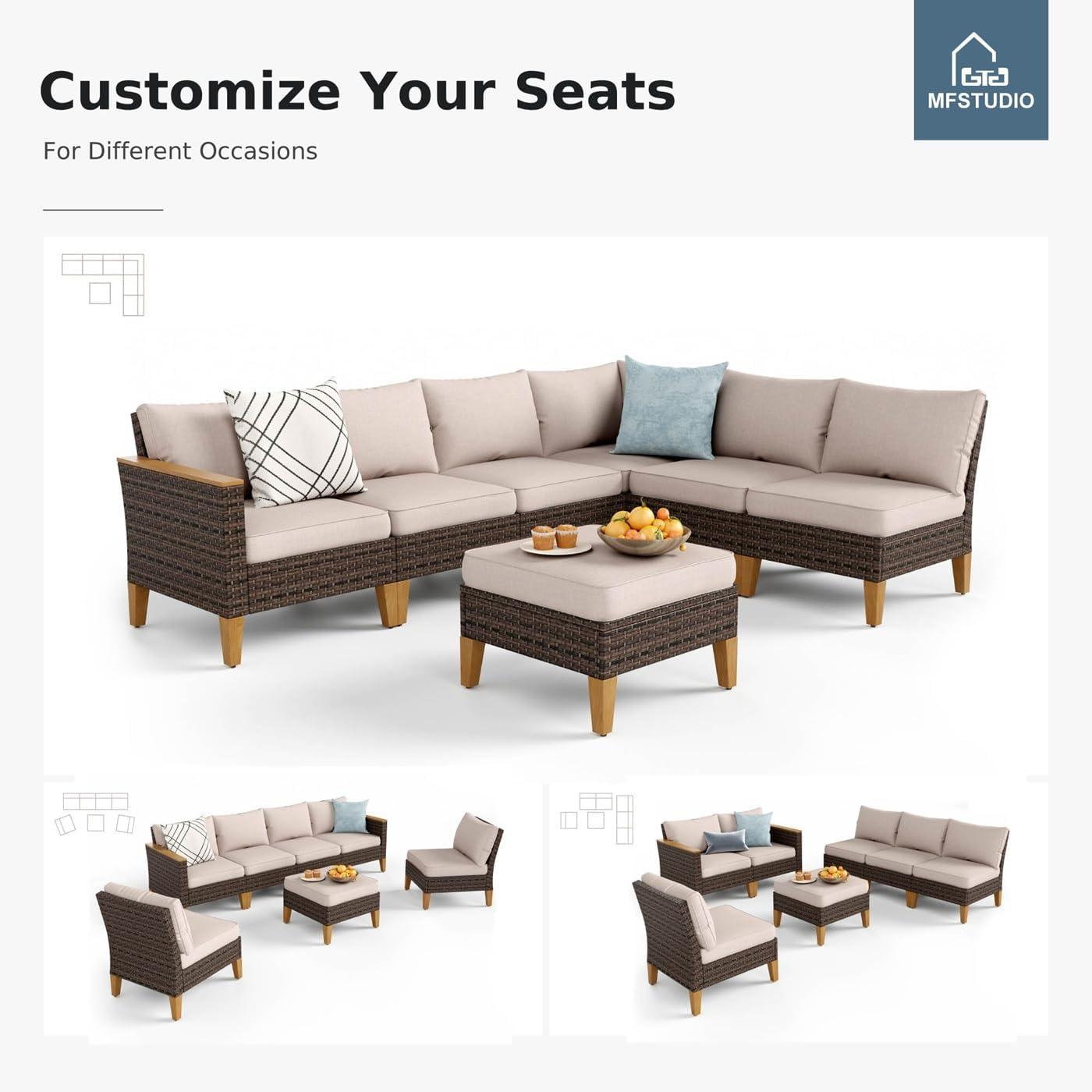 MFSTUDIO 8 Piece Wicker Patio Furniture Sets, 2 x Swivel Sofa, 2 x Ottoman, 4 x Corner Sofa, All-Weather PE Rattan Patio Conversation Set Outdoor Sectional Sofas for Garden(Beige Cushions)