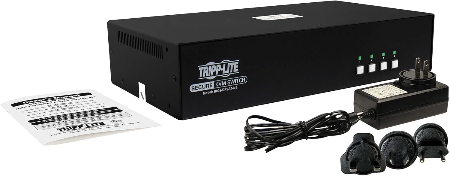 Tripp Lite Secure KVM Switch 4-Port DisplayPort, United States Government NIAP-Certified PP4.0 Security, Common Access Card (CAC) Port, 4K @ 30Hz Video, TAA Compliant, 3-Year Warranty (B002-DP1AC4-N4)